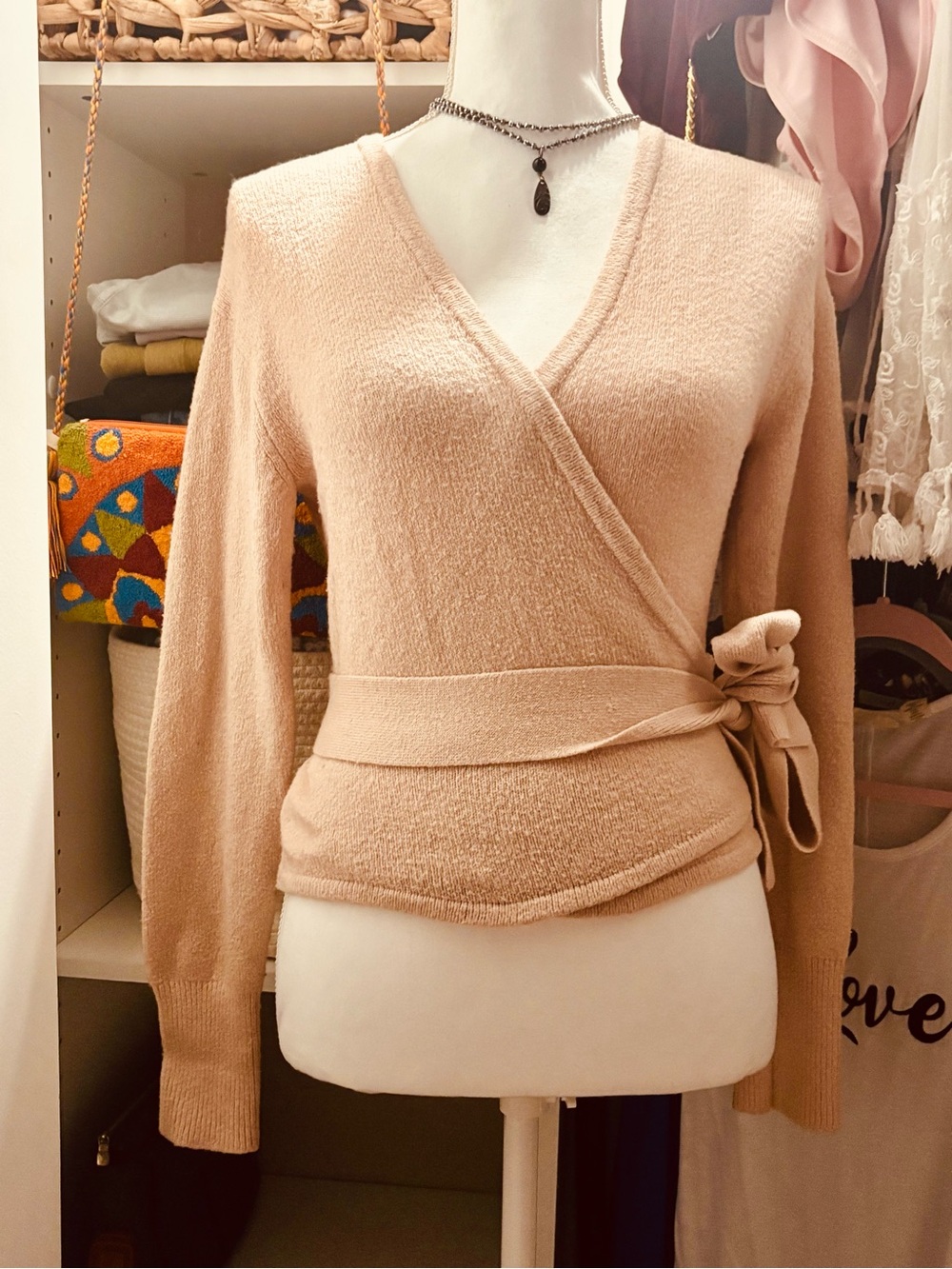 BCBG Vintage Cashmere Wrap Front Women's Sweater - Soft Pink